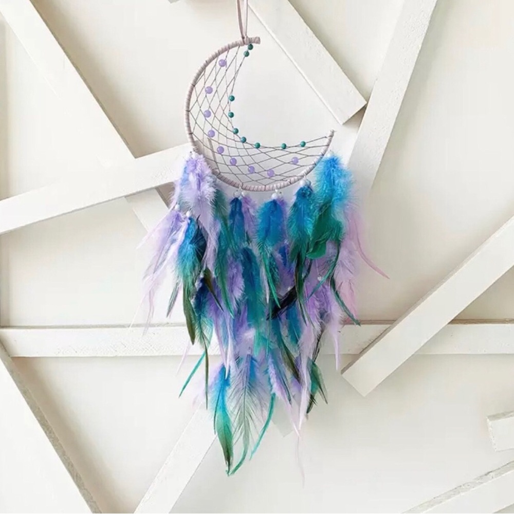 Moon-Shaped Feather Dreamcatcher in Lavender, Teal and Aqua